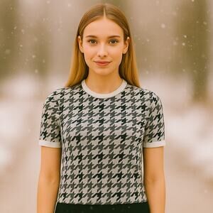 Alice + Olivia SZ S Employed Gray-Black-White Houndstooth Sweater Wool-Cotton